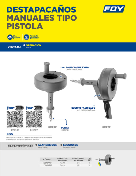 Destapacaños manual tipo pistola 4.5 m Foy