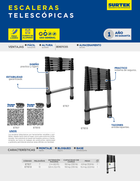 Escalera telescopica de aluminio con 7 peldaños Surtek
