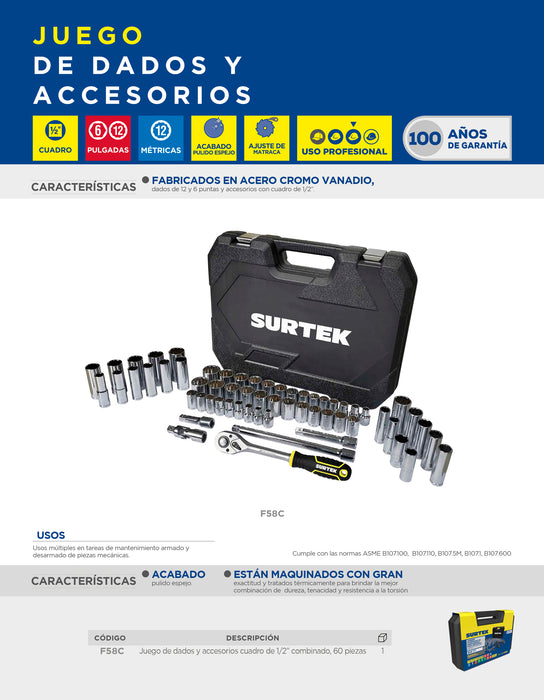 Juego de dados y accesorios cuadro de 1/2" combinado, 60 piezas Surtek