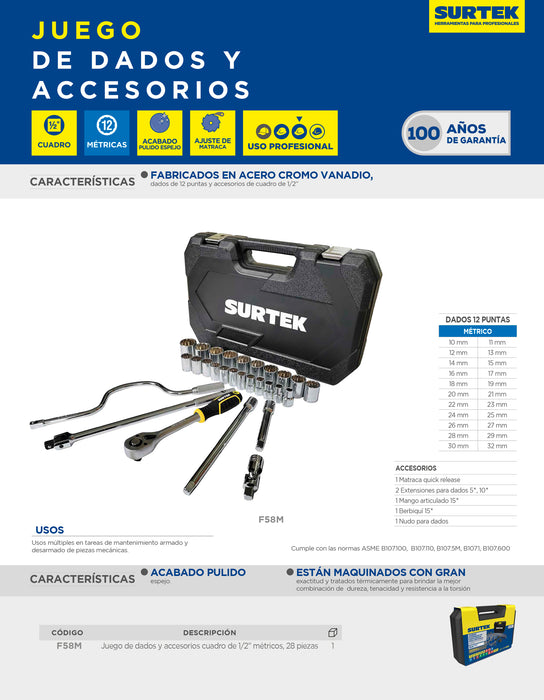 Juego de dados y accesorios cuadro de 1/2" métrico, 28 piezas Surtek