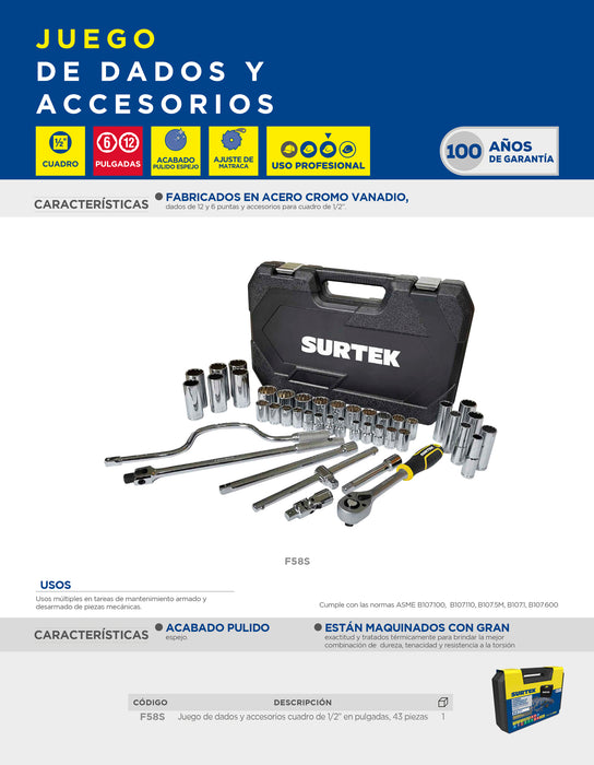 Juego de dados y accesorios cuadro de 1/2" en pulgadas, 43 piezas Surtek