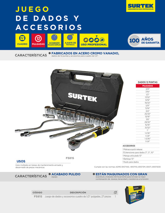 Juego de dados y accesorios cuadro de 1/2" en pulgadas, 27 piezas Surtek