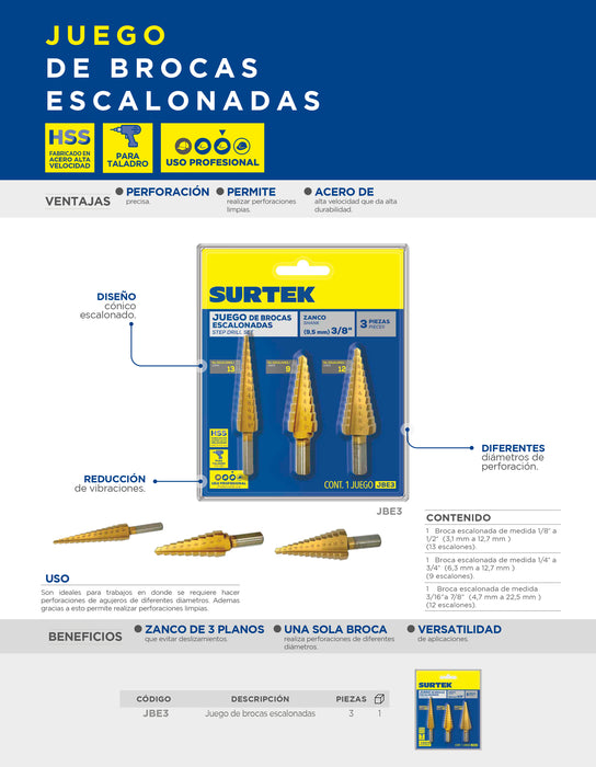 Juego de brocas escalonadas con doble estría de alta velocidad zanco 3 planos, 3 piezas Surtek