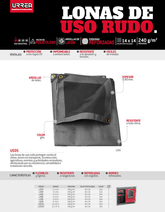 Lona de polietileno para uso rudo color gris, 12 x 17 m Urrea