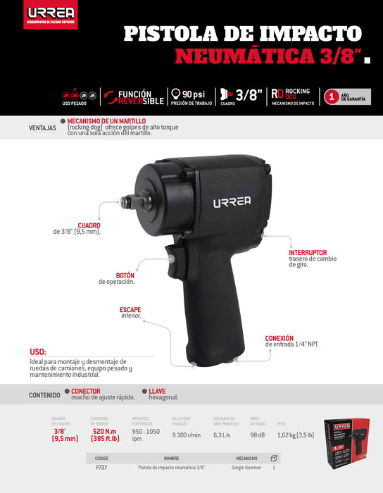 Pistola de impacto neumática cuadro de 3/8" 385 Ft-lb sistema rocking dog Urrea