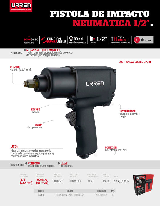 Pistola de impacto neumática cuadro de 1/2" 710 Ft-lb composite sistema twin hammer Urrea