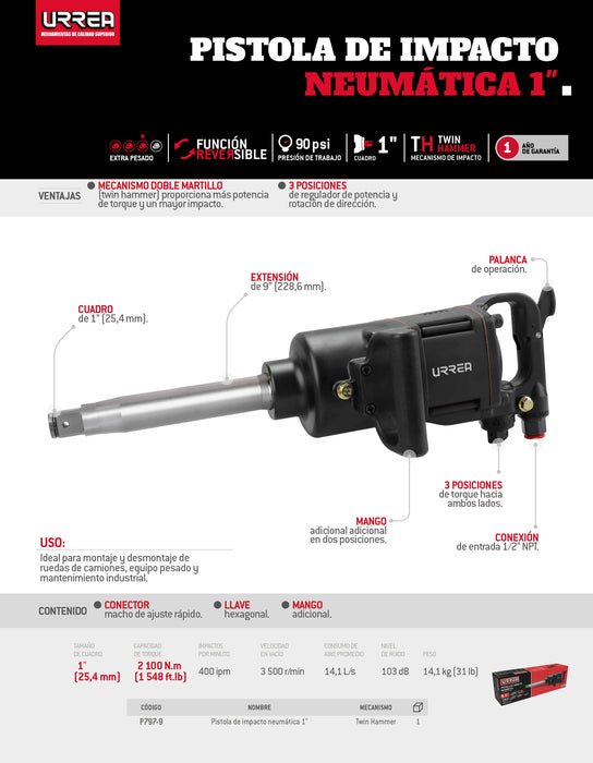 Pistola de impacto neumática cuadro de 1" 1,535 Ft-lb con extensión 9" sistema twin hammer Urrea