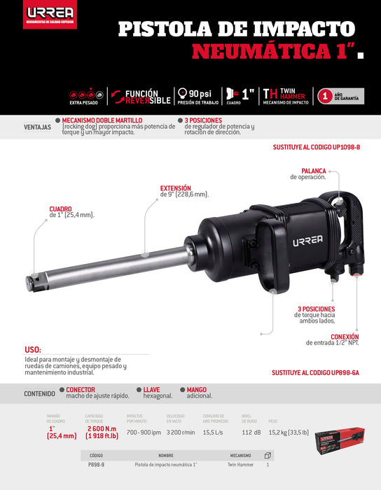 Pistola de impacto neumática cuadro de 1" 1,660 Ft-lb con extensión 9" sistema twin hammer Urrea