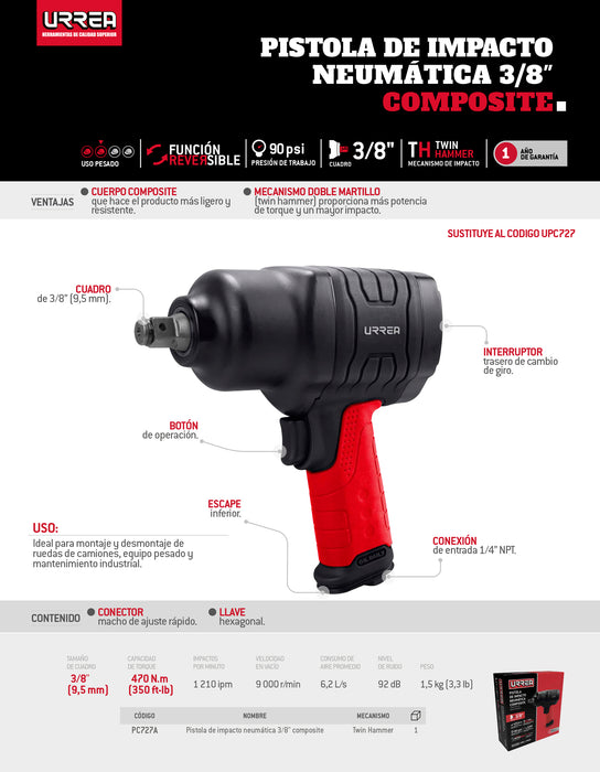 Pistola de impacto neumática cuadro de 3/8" 350 Ft-lb composite sistema twin hammer Urrea
