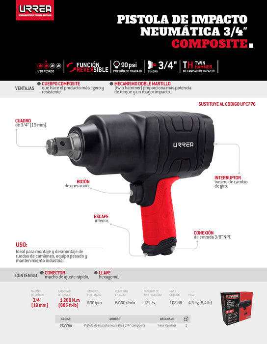 Pistola de impacto neumática cuadro de 3/4" 885 Ft-lb composite sistema twin hammer Urrea