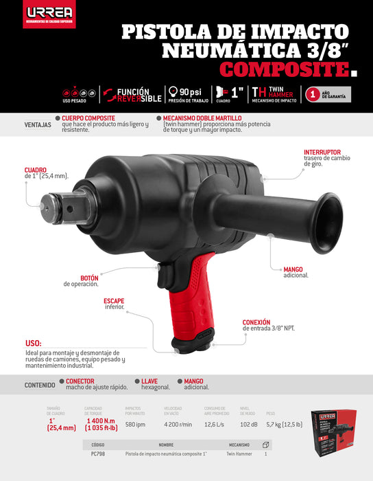 Pistola de impacto neumática cuadro de 1" 1,035 Ft-lb composite sistema twin hammer Urrea