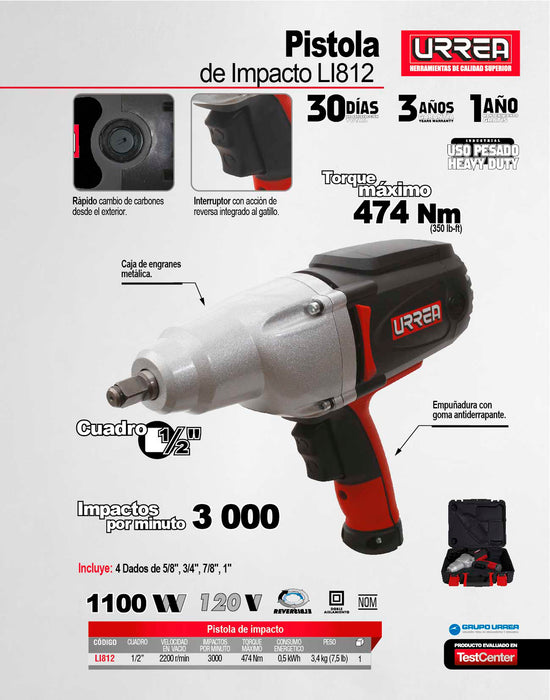 Pistola de impacto eléctrica 1/2" 1,100 W 120 V Urrea