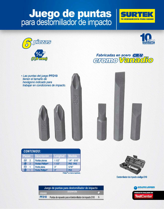 Juego de puntas de impacto combinadas intercambiables para destornillador D10,6 pz en cajP Surtek