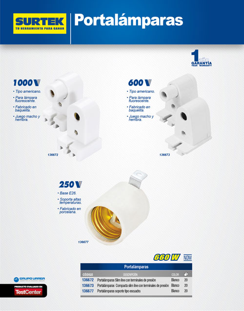 Portalámpara compacta Slim Line con terminales de presión, 2 piezas, color blanco Surtek