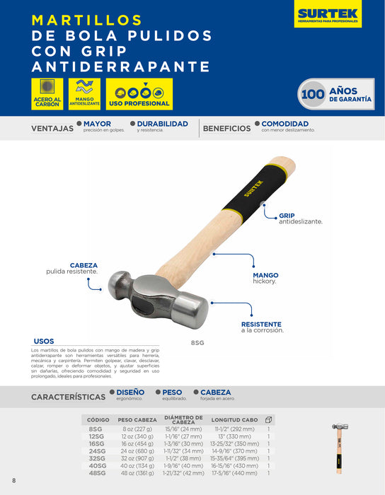 Martillo pulido de bola con mango de madera con grip de 18", 40 oz Surtek