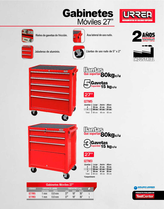 Gabinete móvil con 3 gavetas color rojo 27" serie I Urrea