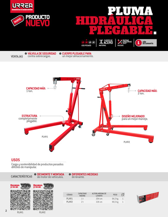 Pluma hidráulica plegable con patas V, 2 ton Urrea