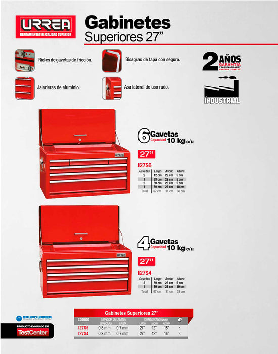 Gabinete superior con 6 gavetas color rojo 27" serie I Urrea