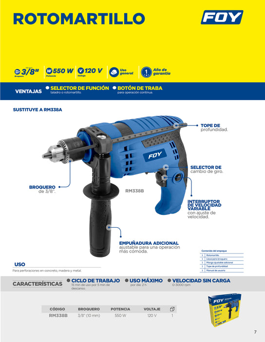 Rotomartillo 3/8" 500 W 120 V, 0 - 3,000 RPM con mango adicional ajustable Foy