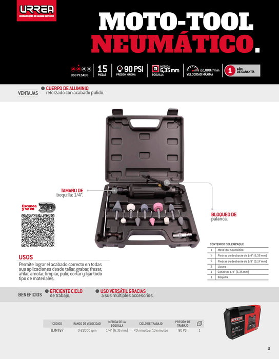 Juego de moto-tool neumático recto con accesorios, 15 piezas Urrea