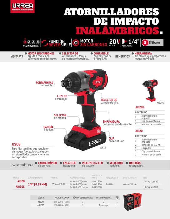 Atornillador de impacto 1/4" a batería Litio-ion 20 V 280 Nm sin bateria Urrea
