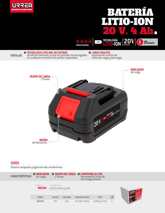 Batería Litio-ion 20 V, 4 Ah Urrea