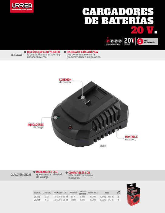 Cargador de baterías 20 V, 2 Ah Urrea