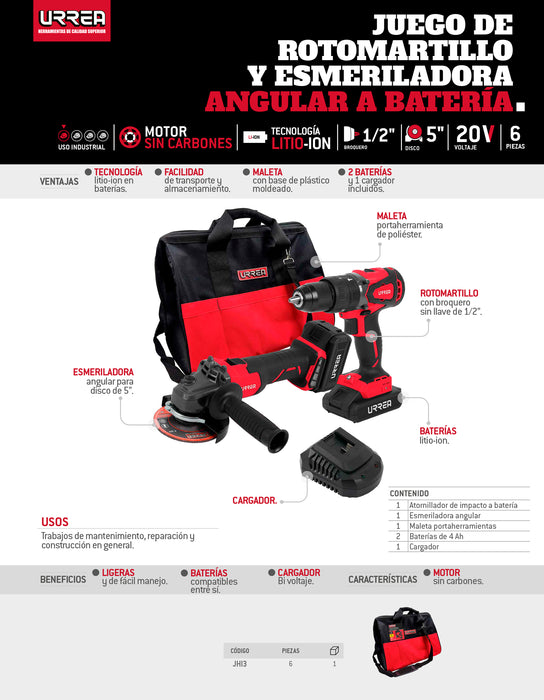 Juego de rotomartillo y esmeriladora de impacto a batería Li-ion 20 V, 2 piezas, en mochila Urrea