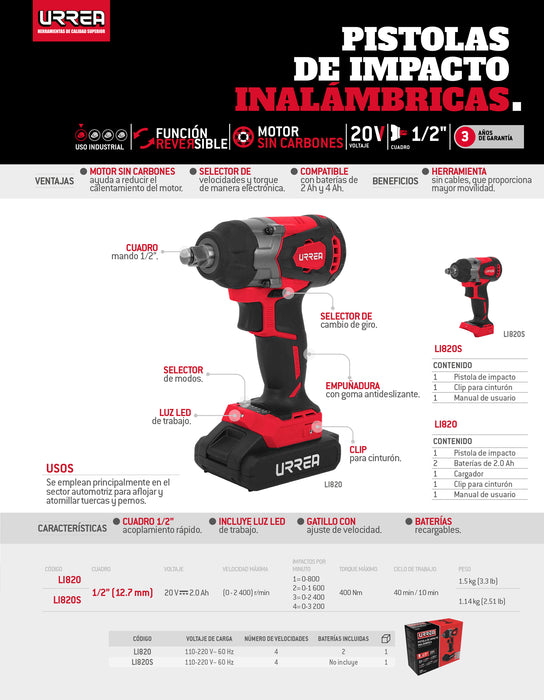 Pistola de impacto 1/2" a batería Litio-ion 20 V, 400 Nm sin batería Urrea
