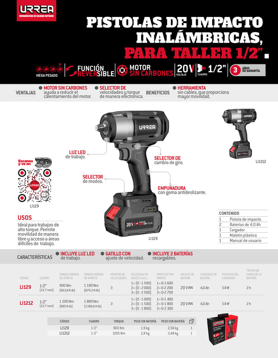Pistola de impacto 1/2" a batería Litio-ion 20 V 1200 Nm Urrea