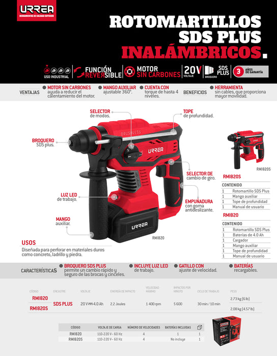 Rotomartillo SDS plus 4Ah a batería Litio-ion 20 V, 1400 RPM Urrea