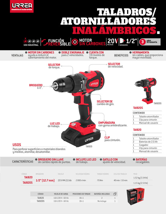 Taladro/atornillador 1/2" batería de Li-ion 20 V 70 Nm Urrea