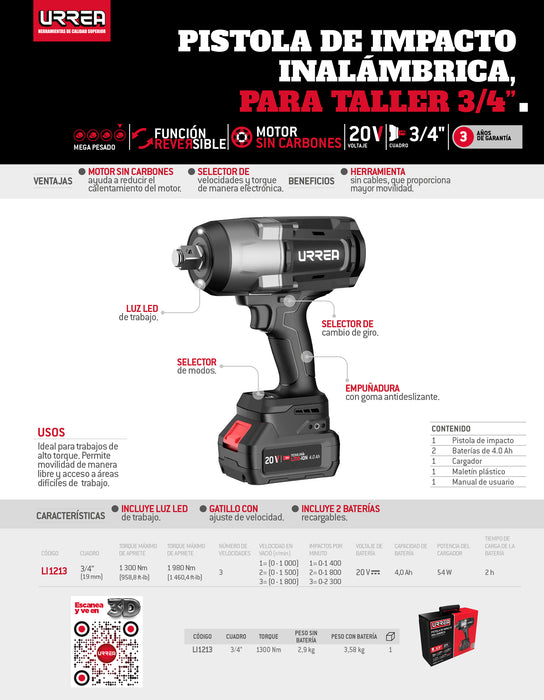 Pistola de impacto 3/4" a batería Litio-ion 20 V 1300 Nm Urrea