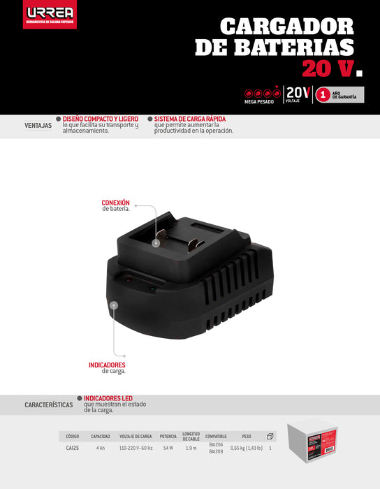 Cargador de baterías 20 V, 2.5 Ah Urrea