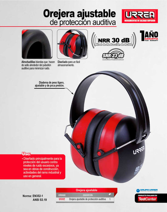 Orejera ajustable de protección auditiva NRR 30 dB Urrea