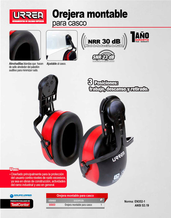 Orejera ajustable de protección auditiva NRR 30 dB montable para casco Urrea