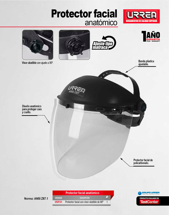 Protector de seguridad facial con mica de policarbonato anatómico Urrea