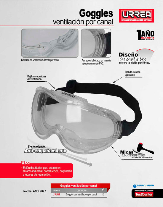 Goggles de seguridad diseño panorámico, transparentes Urrea