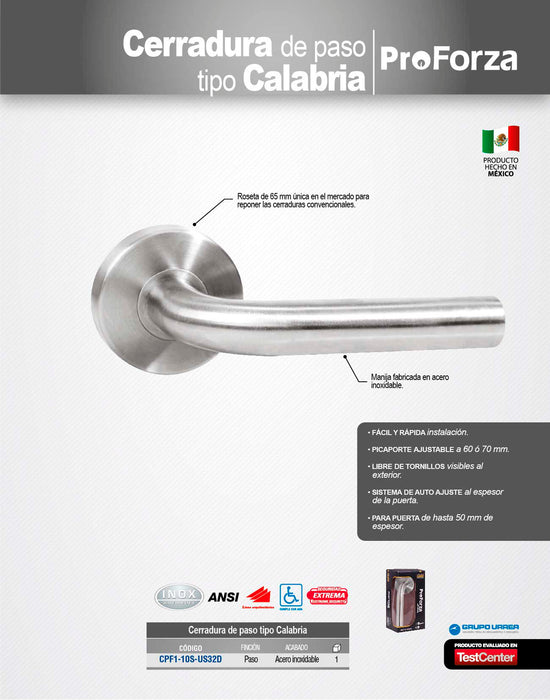 Manija tubular Calabria función de paso, acero inoxidable, en caja Proforza