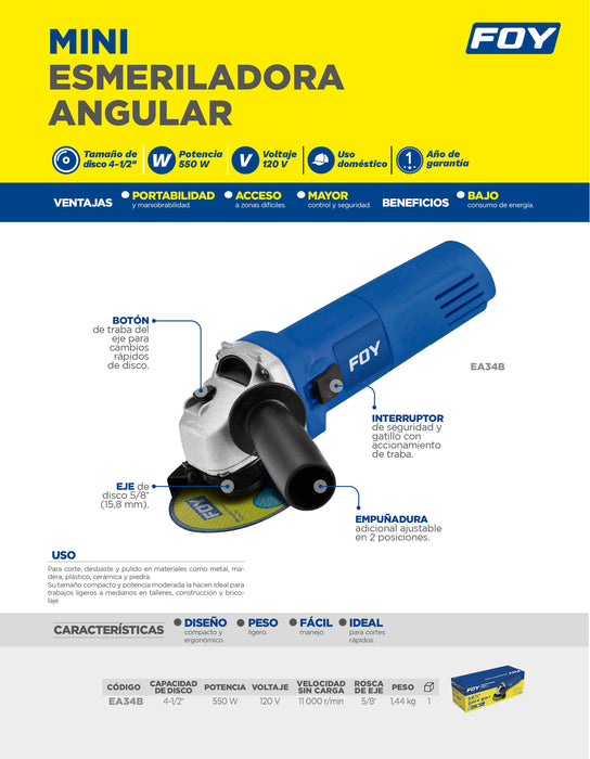 Mini esmeriladora angular 4-1/2" 550 W 120 V, 11000 RPM Foy