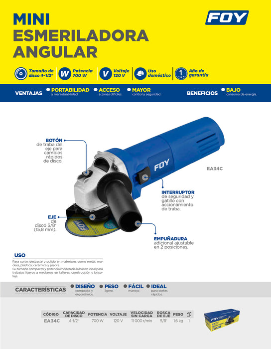 Mini esmeriladora angular 4-1/2" 700 W 120 V, 11000 RPM Foy