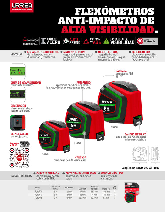 Flexómetro alta visibilidad 3 m Urrea