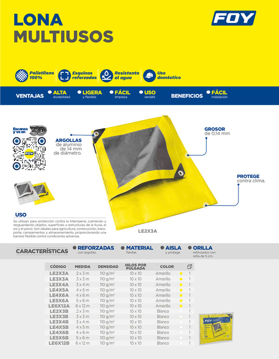 Lona de polietileno color amarillo con fondo plata, 6 x 12 m Foy