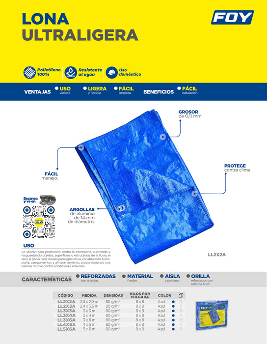 Lona de polietileno color azul ultraligera, 2.4 x 3.6 m Foy