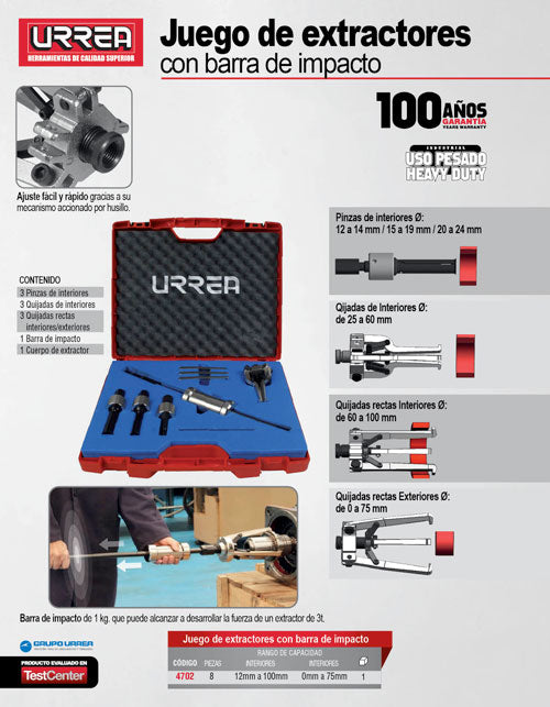 Juego de extractores interiores y exteriores con accesorios 3 ton, 8 piezas Urrea