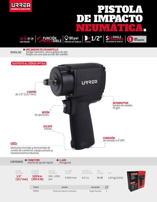 Pistola de impacto neumática cuadro de 1/2" 385 Ft-lb composite sistema twin hammer Urrea