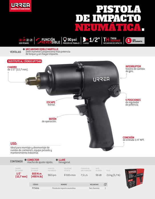 Pistola de impacto neumática cuadro de 1/2" 490 Ft-lb composite sistema twin hammer Urrea