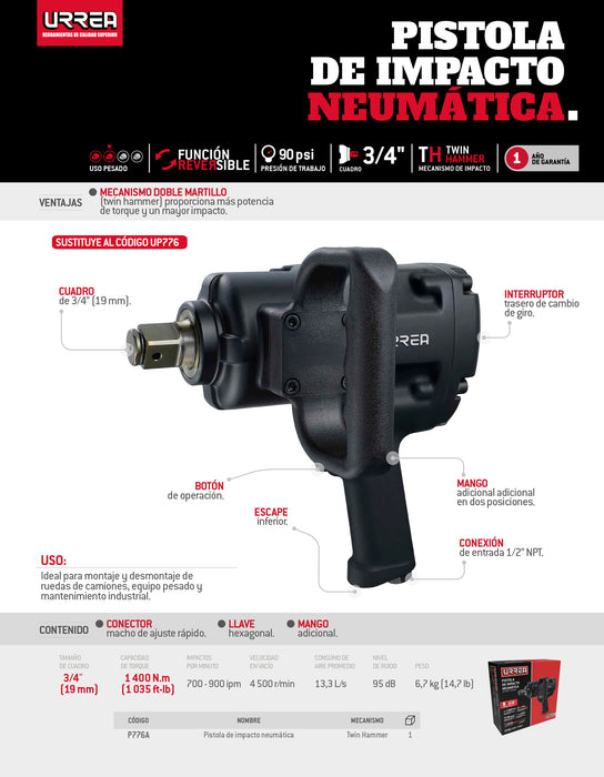 Pistola de impacto neumática cuadro de 3/4" 1,035 Ft-lb sistema twin hammer Urrea