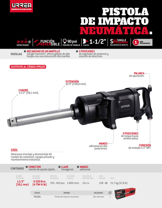Pistola de impacto neumática cuadro de 1-1/2" 4,500 Ft-lb con extensión 9" Urrea