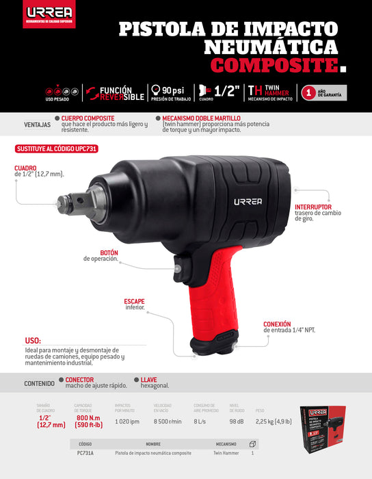 Pistola de impacto neumática cuadro de 1/2" 590 Ft-lb composite sistema twin hammer Urrea